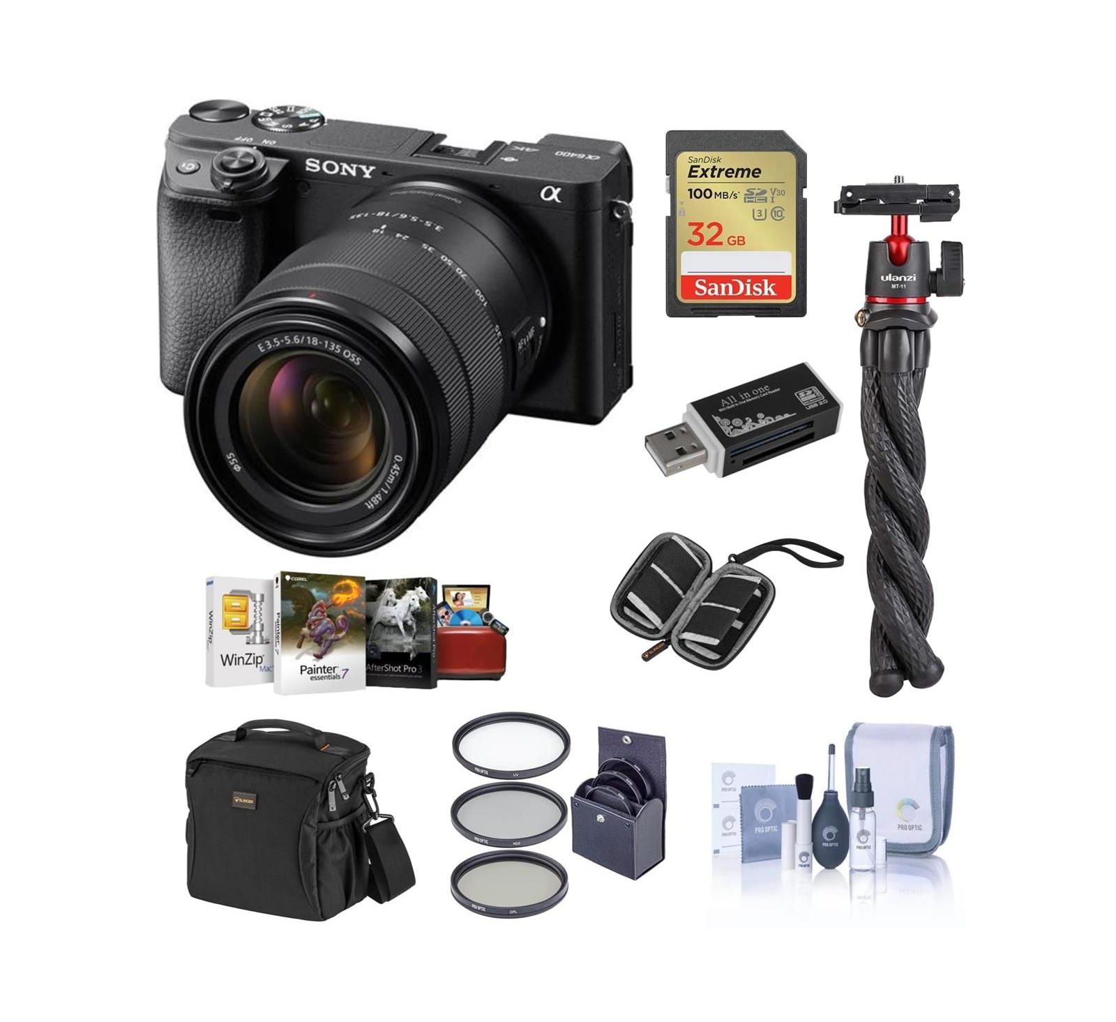 Цифровая беззеркальная камера Sony Alpha a6400 с объективом 18-135mm — комплект с сумкой, SD-картой 64GB, комплектом для чистки, чехлом для SD-карты и штативом