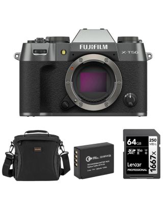Fujifilm X-T50 Mirrorless Camera, Charcoal Silver, Bundle w/64GB SD Card