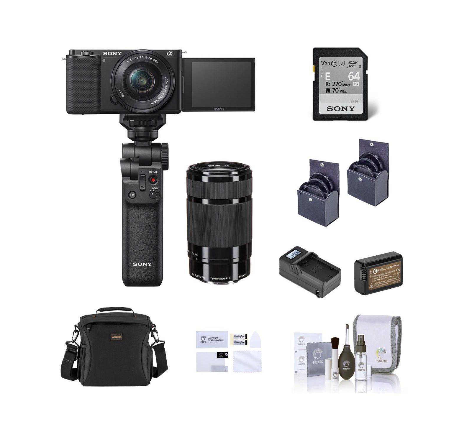 Беззеркальная камера Sony ZV-E10 с объективом 16-50mm, Black — комплект с объективом 55-210mm, набором для влога, сумкой, защитным экраном и доп. аккумулятором