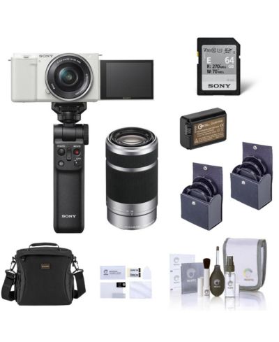 Зеркальная беззеркальная камера Sony ZV-E10 с объективом 16-50mm, Black - комплект с объективом 55-210mm, набор для влога, сумка через плечо, защитное стекло, дополнительный аккумулятор