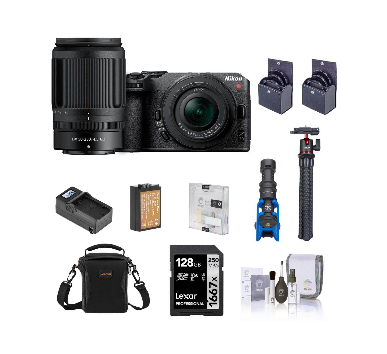 Nikon Z 30 Mirrorless Camera with 16-50mm & 50-250mm Lens, Bundle with 128GB SD Memory Card, Bag, Microphone, Mini Tripod, Battery, Smart Charger