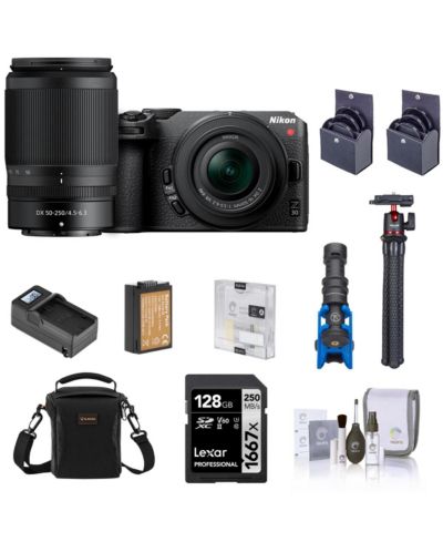Зеркальная камера Nikon Z 30 с объективами 16-50mm и 50-250mm, комплект с SD картой 128GB, сумкой, микрофоном, мини-штативом и аккумулятором