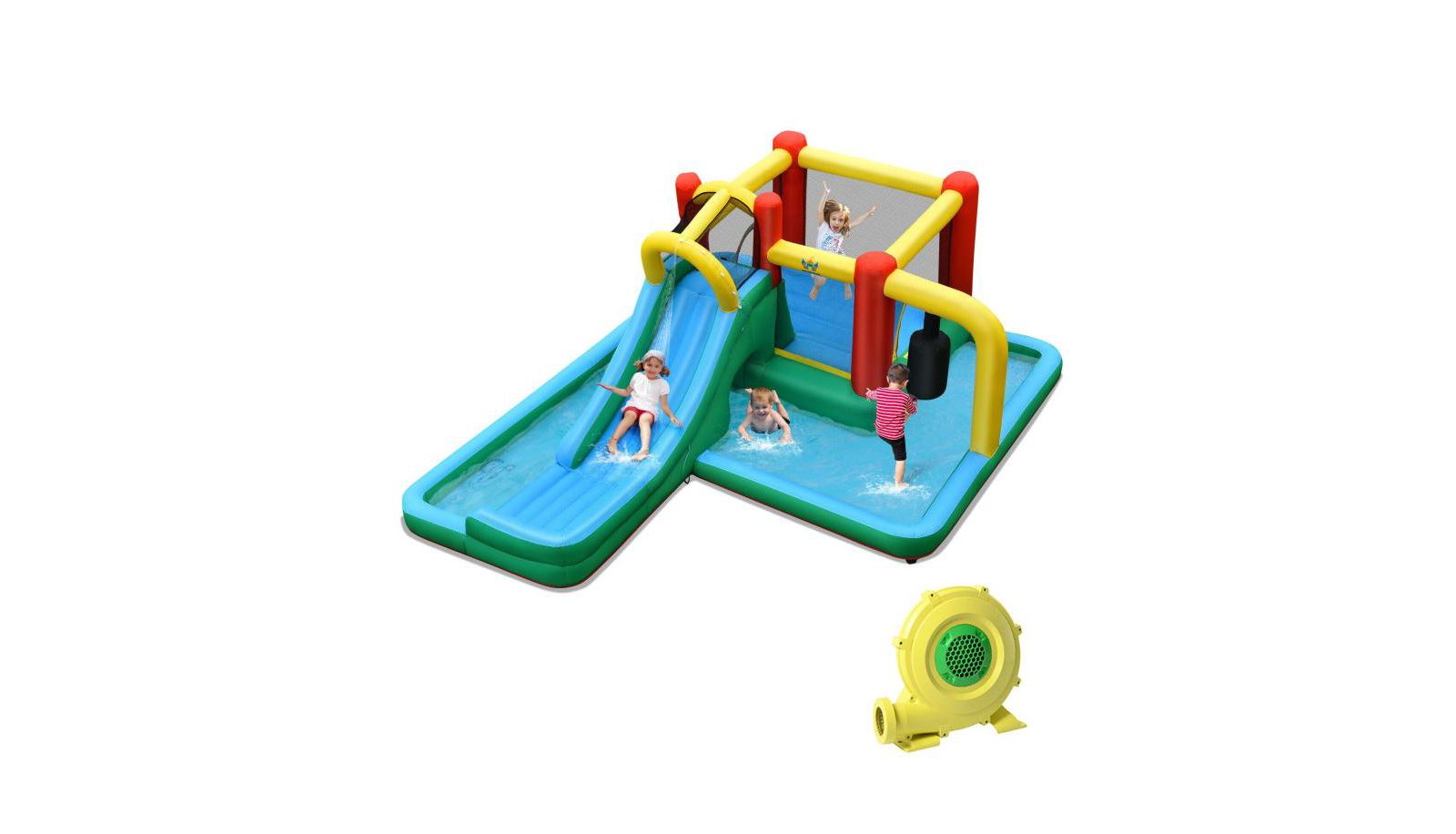 Slickblue Inflatable Water Slide with Climbing Wall & Bounce House Playset, Accommodates 4 Kids, Ages 3-10