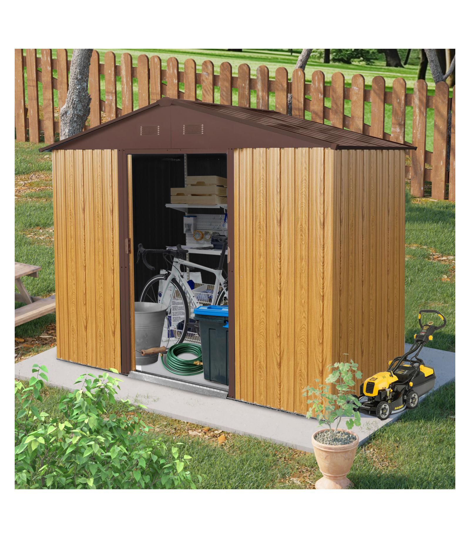 Streamdale Furniture 8ft x 4ft Outdoor Metal Storage Shed with Sliding Door and foundation