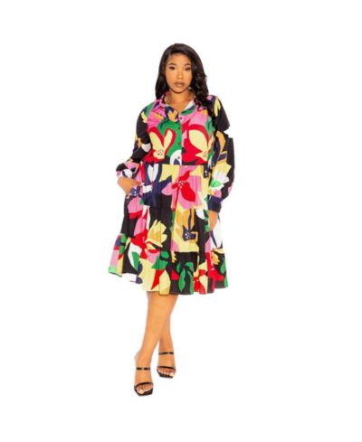 Buxom Couture Plus Size Floral Long Sleeve Tiered Shirt Dress