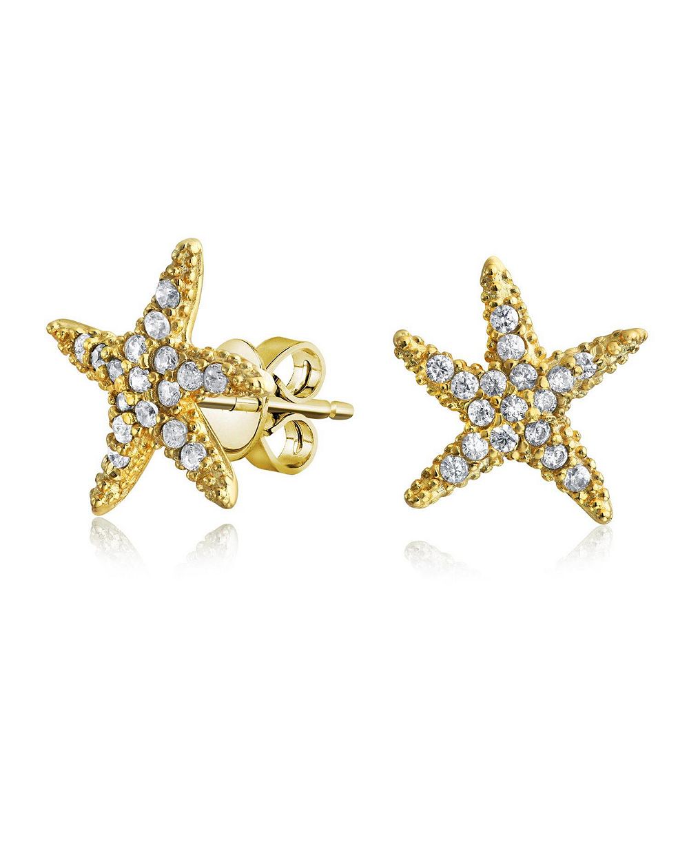 Bling Jewelry Nautical Pave CZ Starfish Stud Earrings Gold Plated .925 Sterling Silver