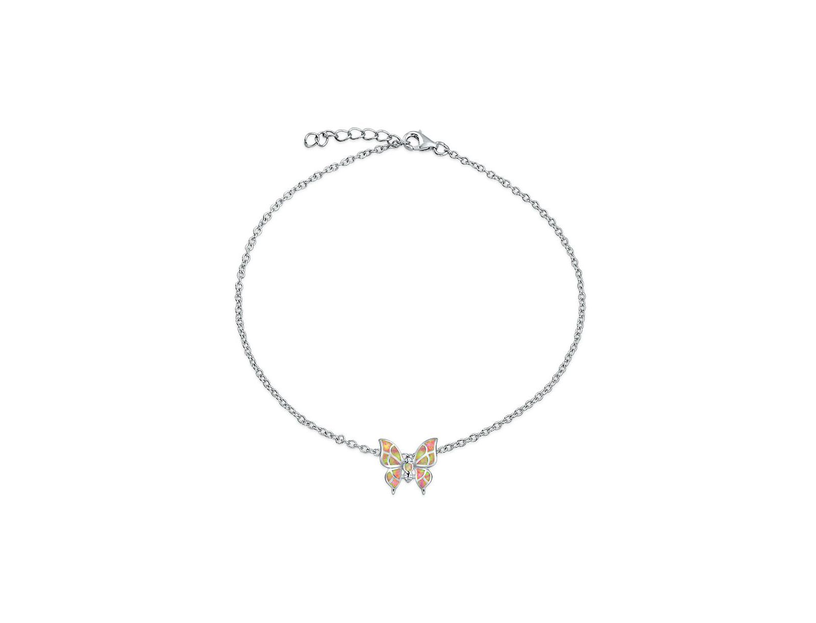 Браслет на ногу Bling Jewelry с подвеской в виде бабочки и розовым опалом, серебро 925 пробы