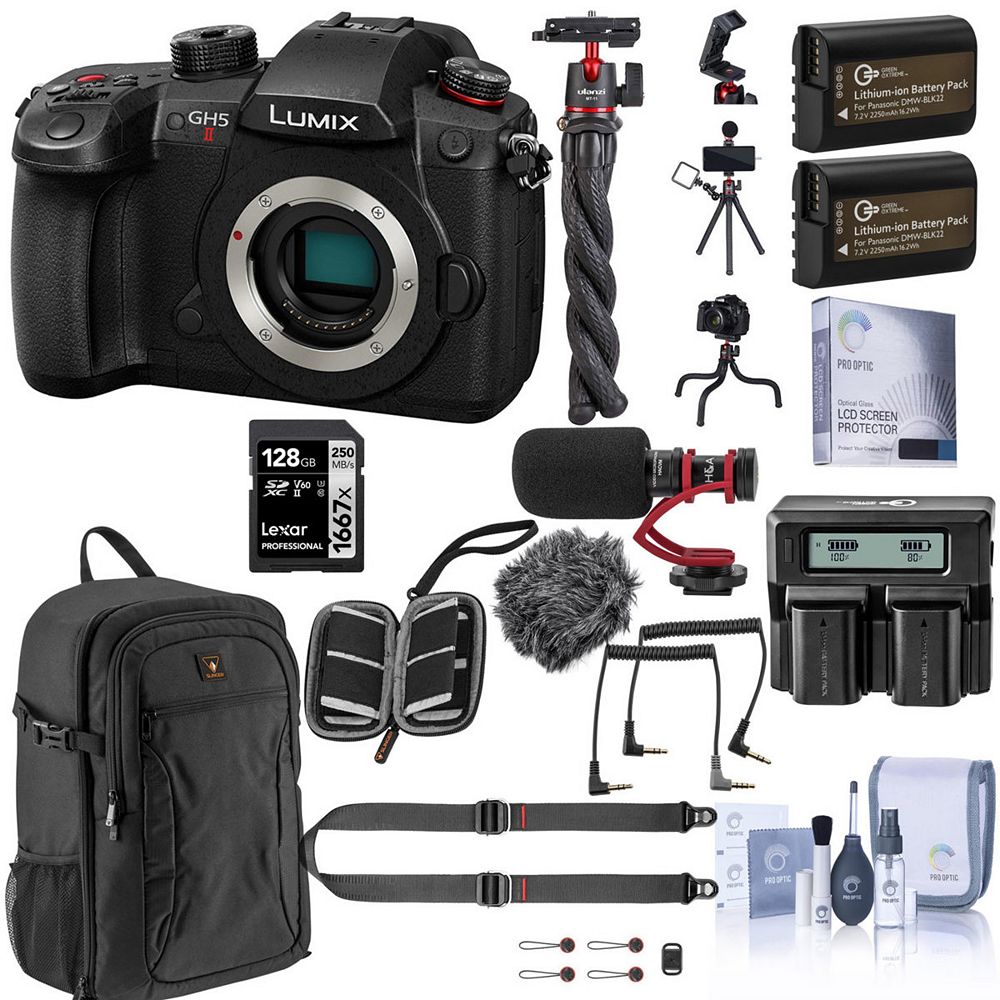Panasonic LUMIX GH5II Беззеркальная камера в комплекте с картой SD 128 ГБ, рюкзаком, 2 дополнительными батареями, двойным зарядным устройством, плечевым ремнем, микрофоном, штативом-осьминогом и