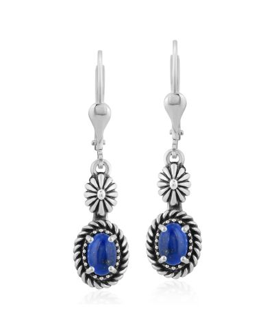 American West Jewelry Sterling Lapis Gemstone Floral and Rope Design Dangle Earrings
