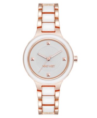 Женские часы Nine West Quartz Round White Enamel and Rose Gold-Tone Metal Alloy 32mm