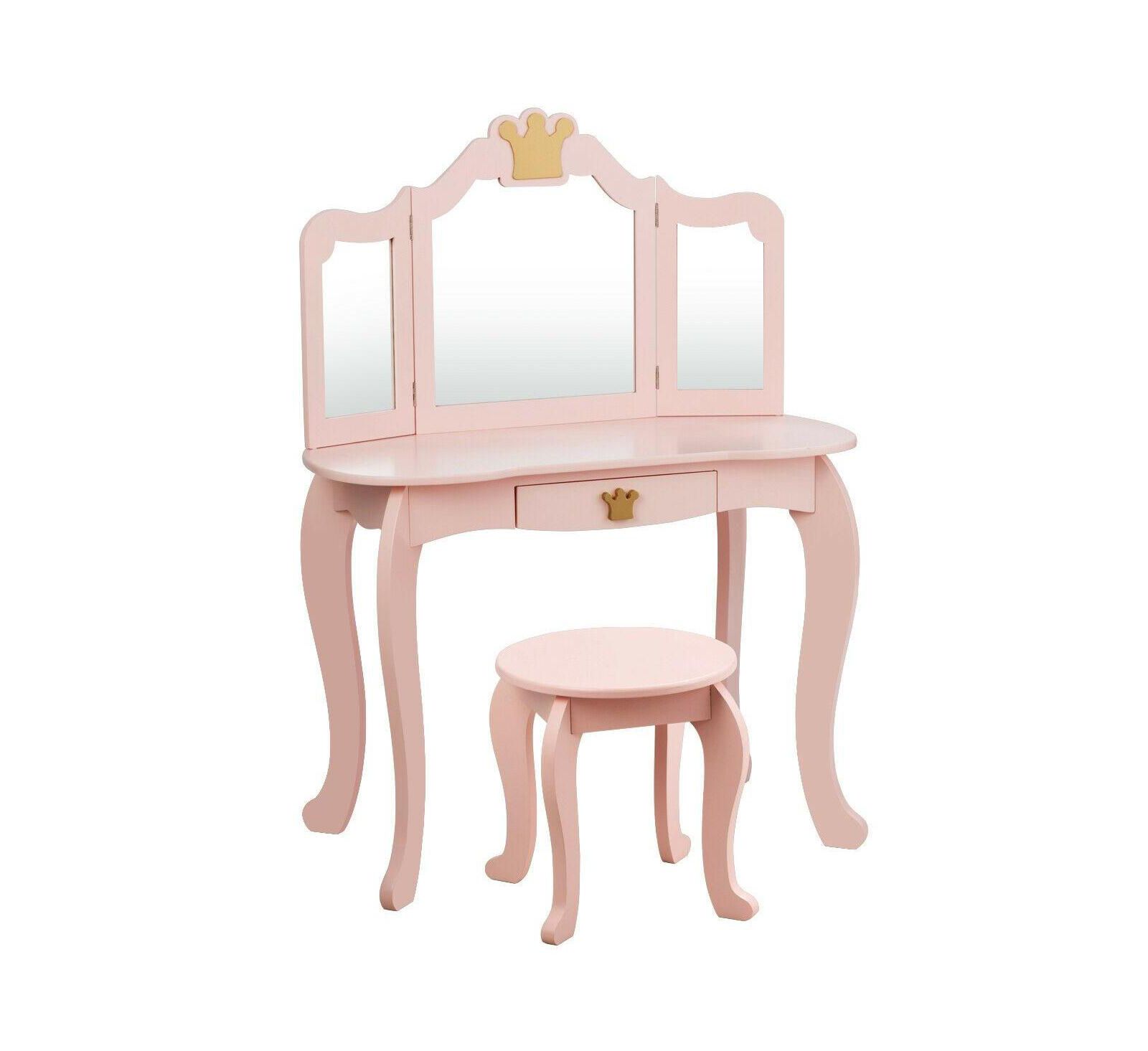 Kids Makeup Dressing Table with Tri-folding Mirror and Stool