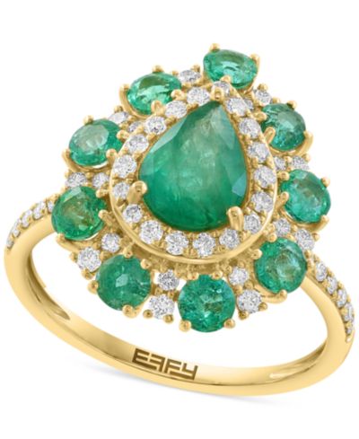Кольцо EFFY® с изумрудом (2 ct. t.w.) и бриллиантом (3/8 ct. t.w.) в форме груши с ореолом из камней в золоте 14k