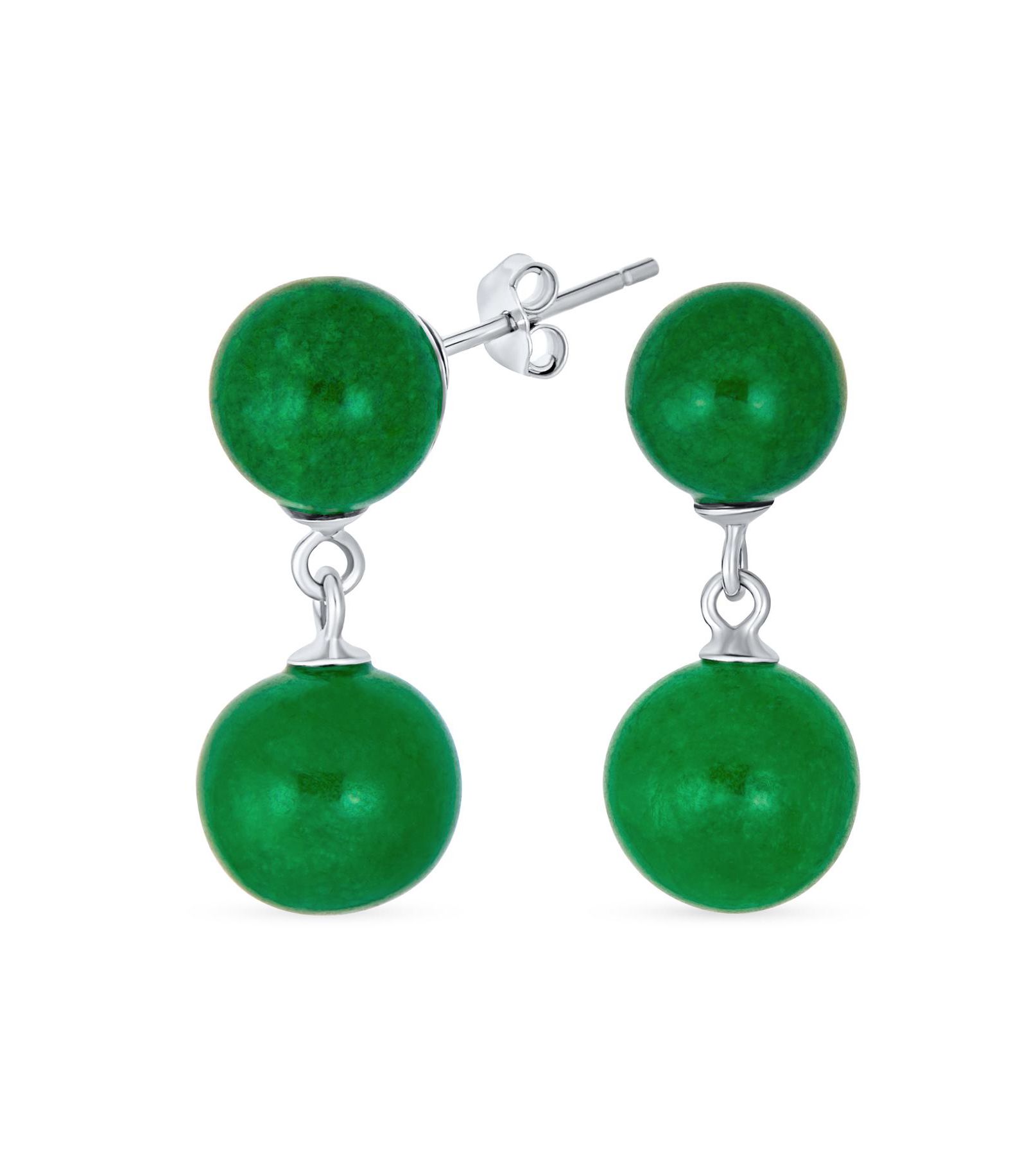 Серьги Bling Jewelry Classic Green Jade Double Drop Ball, .925 стерлинговое серебро, 10 мм