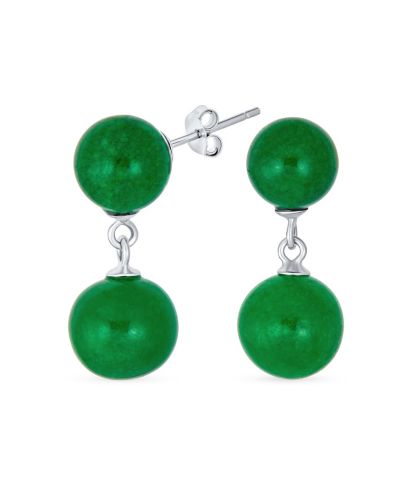 Bling Jewelry Classic Green Jade Double Drop Ball Earrings .925 Sterling Silver 10MM