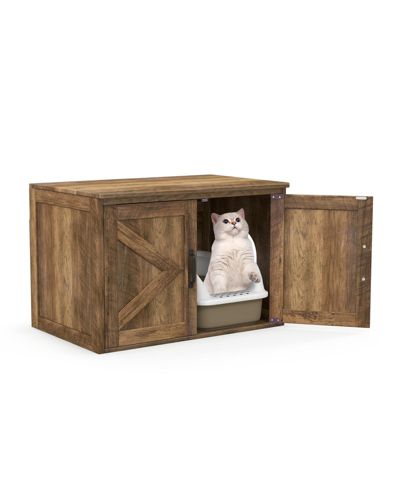 Cat Washroom Cabinet Furniture with Flip Top, Removable Divider and Barn Doors-Oak
