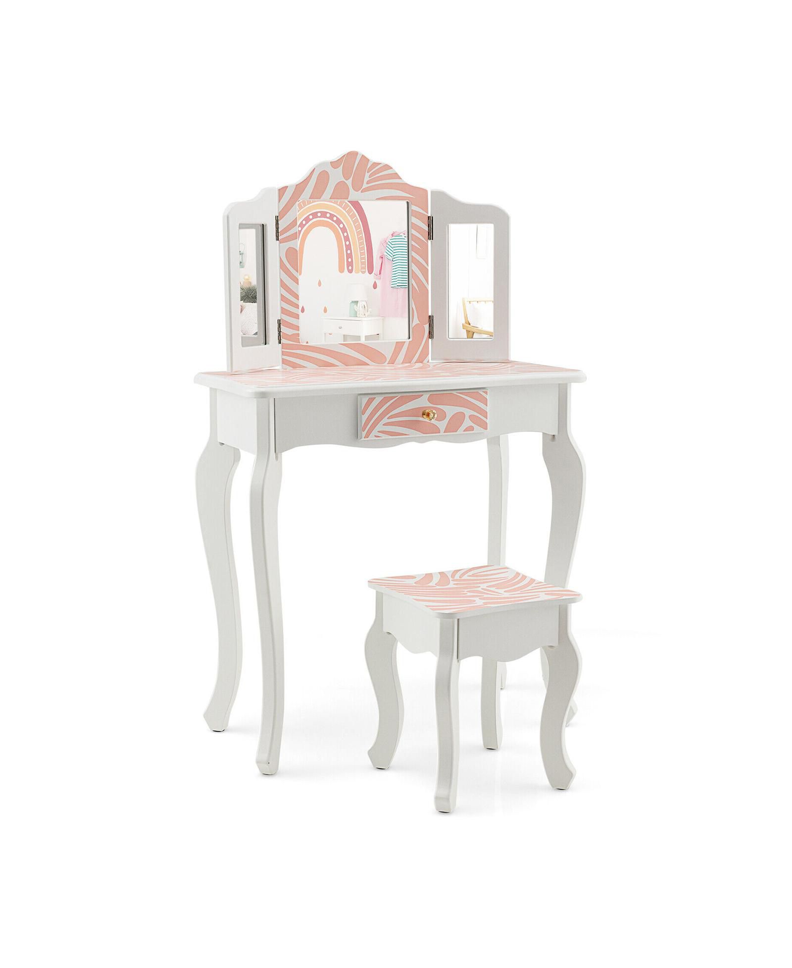 GOUUN Kids 2-in-1 Vanity Table Set with Tri-Folding Mirror