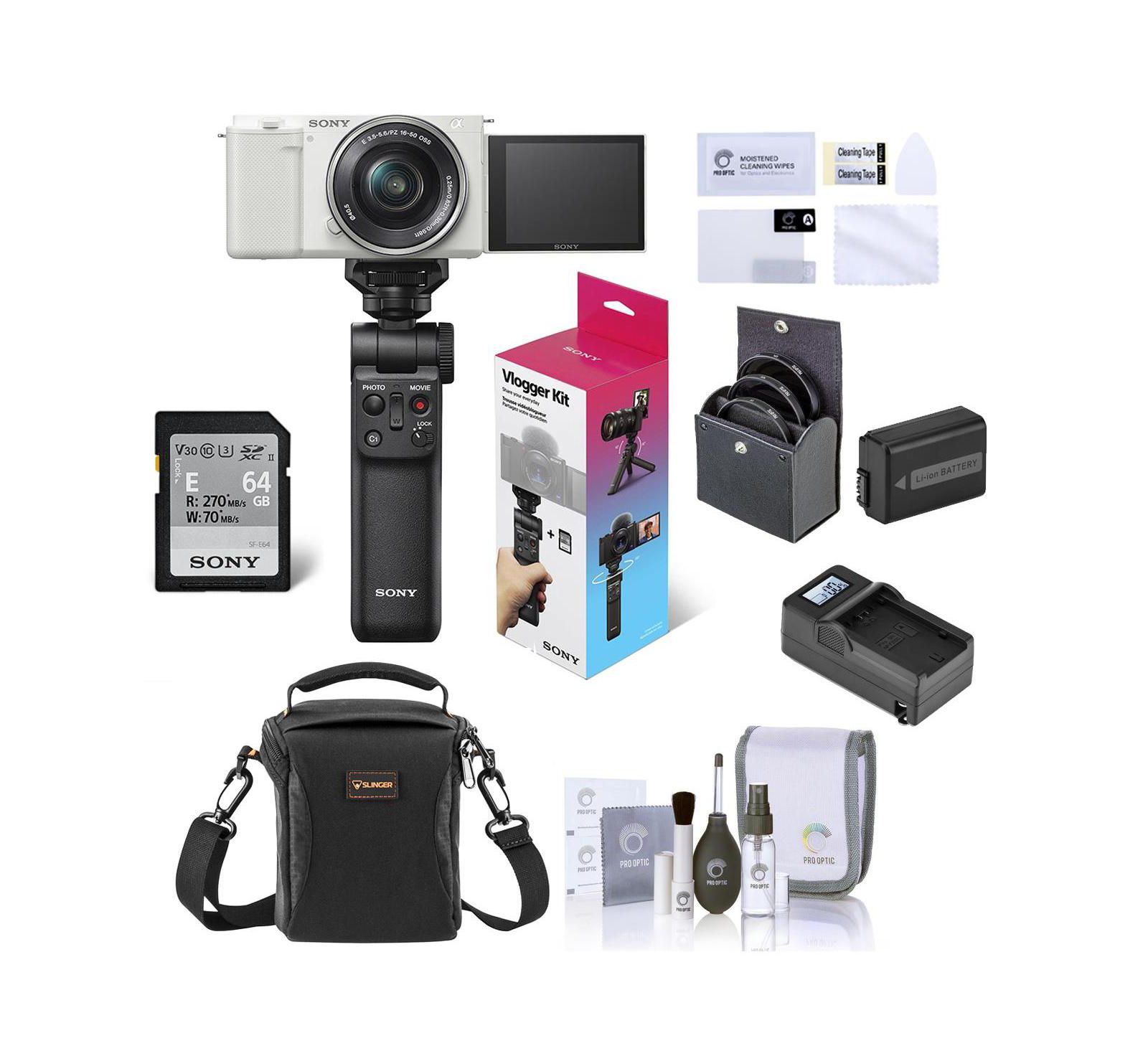 Sony ZV-E10 Mirrorless Camera w/Lens,White w/Shooting Grip,Included Value