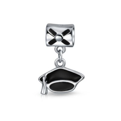 Bling Jewelry Oval Black Graduation Cap Dangle Charm Bead for Bracelet Sterling Silver