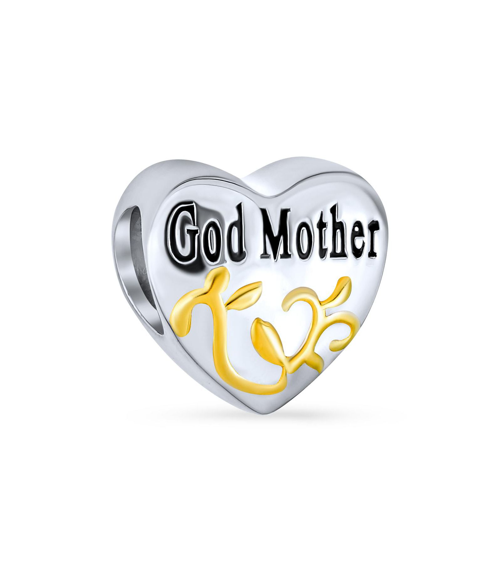 Брелок Bling Jewelry Sterling Silver Heart Shaped Word God Mother Charm Bead Two Tone 14K Gold Plated Scroll для браслета