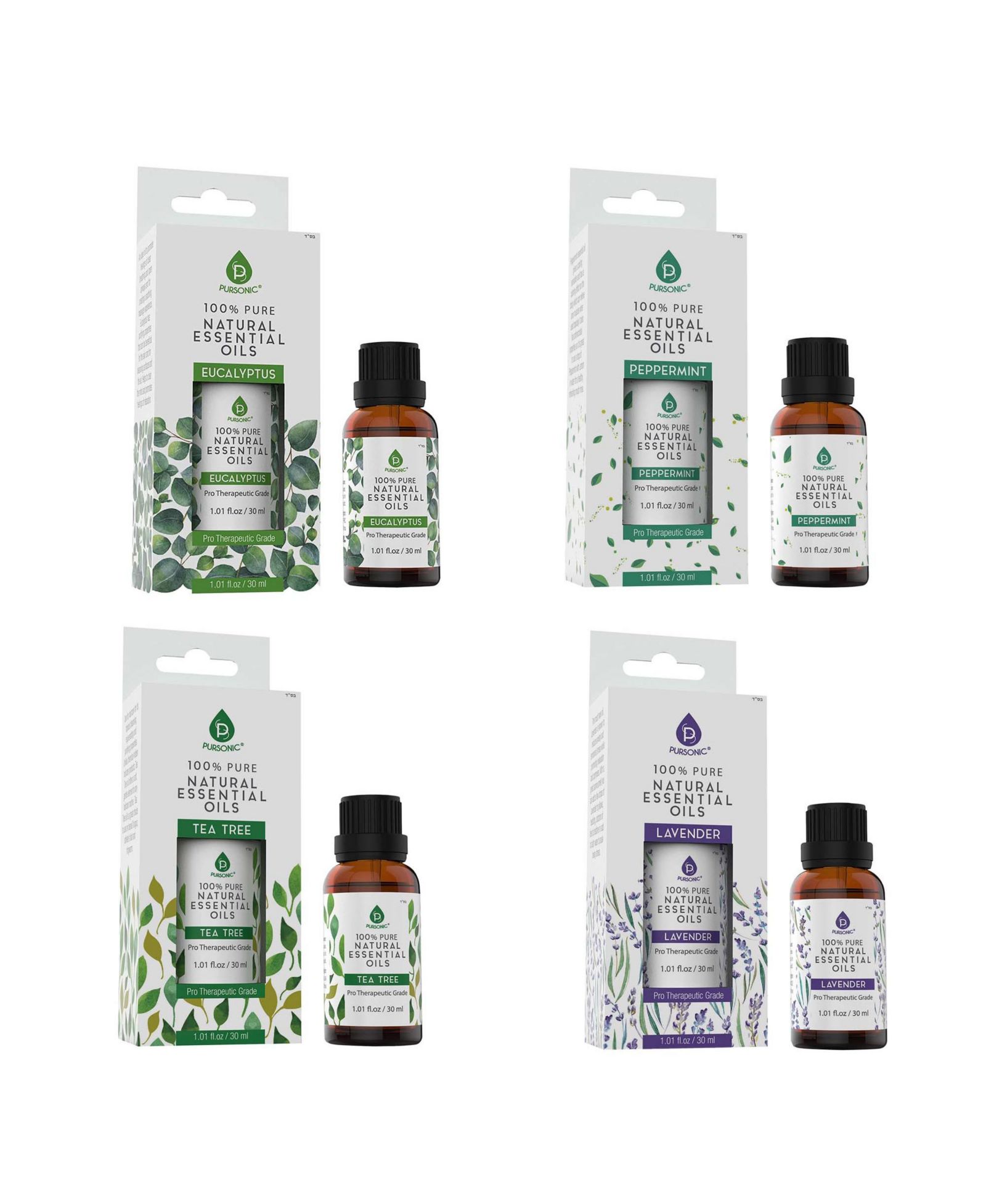 Pursonic 4-Pack Pure & Natural Essential Oils Collection – Eucalyptus, Lavender, Tea Tree, and Peppermint