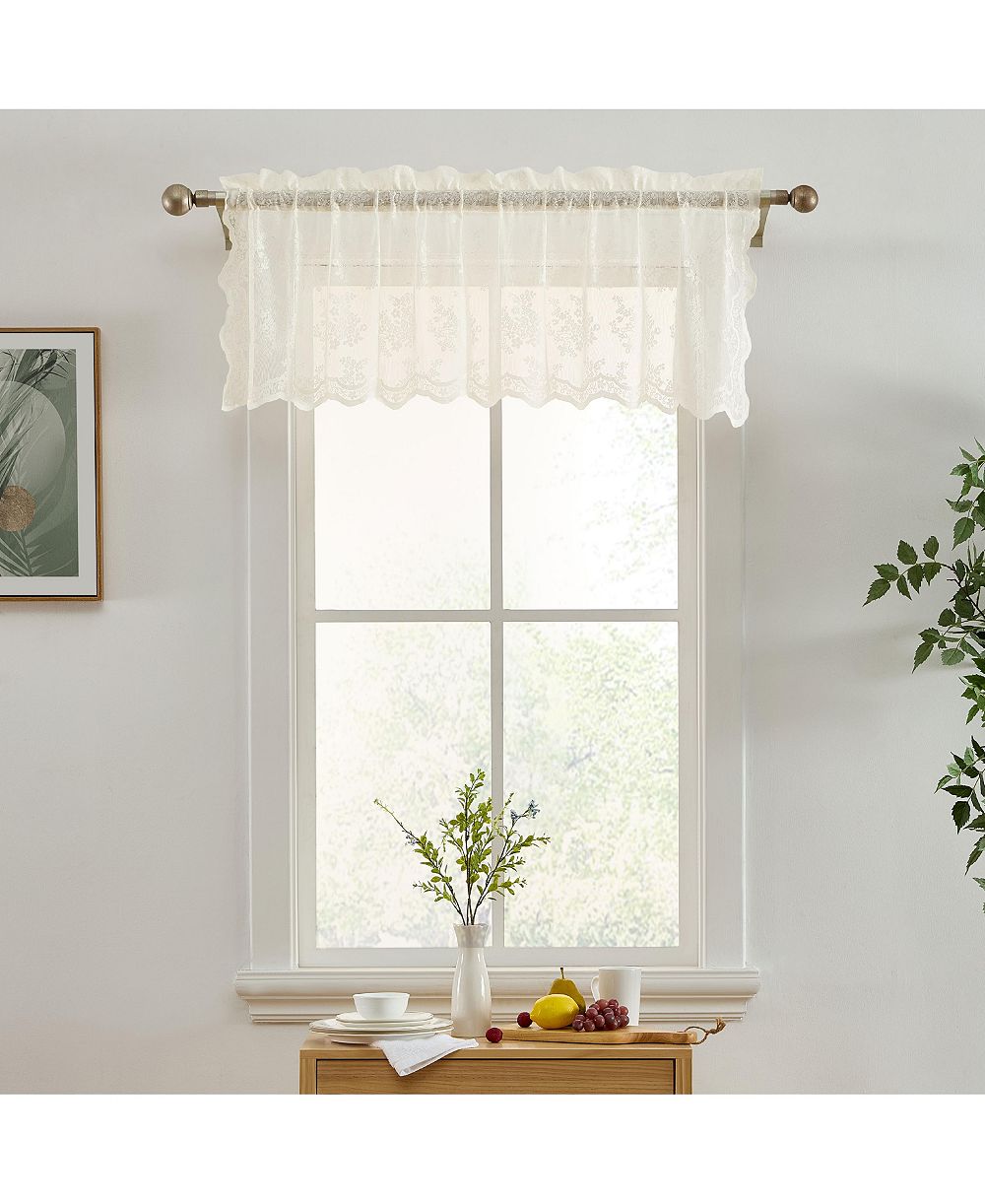 HLC.ME Jolene Floral Rod Pocket Lace Semi Sheer Voile Short Valance for Small Windows, Kitchen & Bathroom - 54 x 18 Inch Long (Ivory Valance)