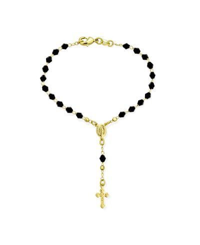 Bling Jewelry Religious Black Beads Virgin Mary Rosary Bracelet Prayer Gold Plated 7"