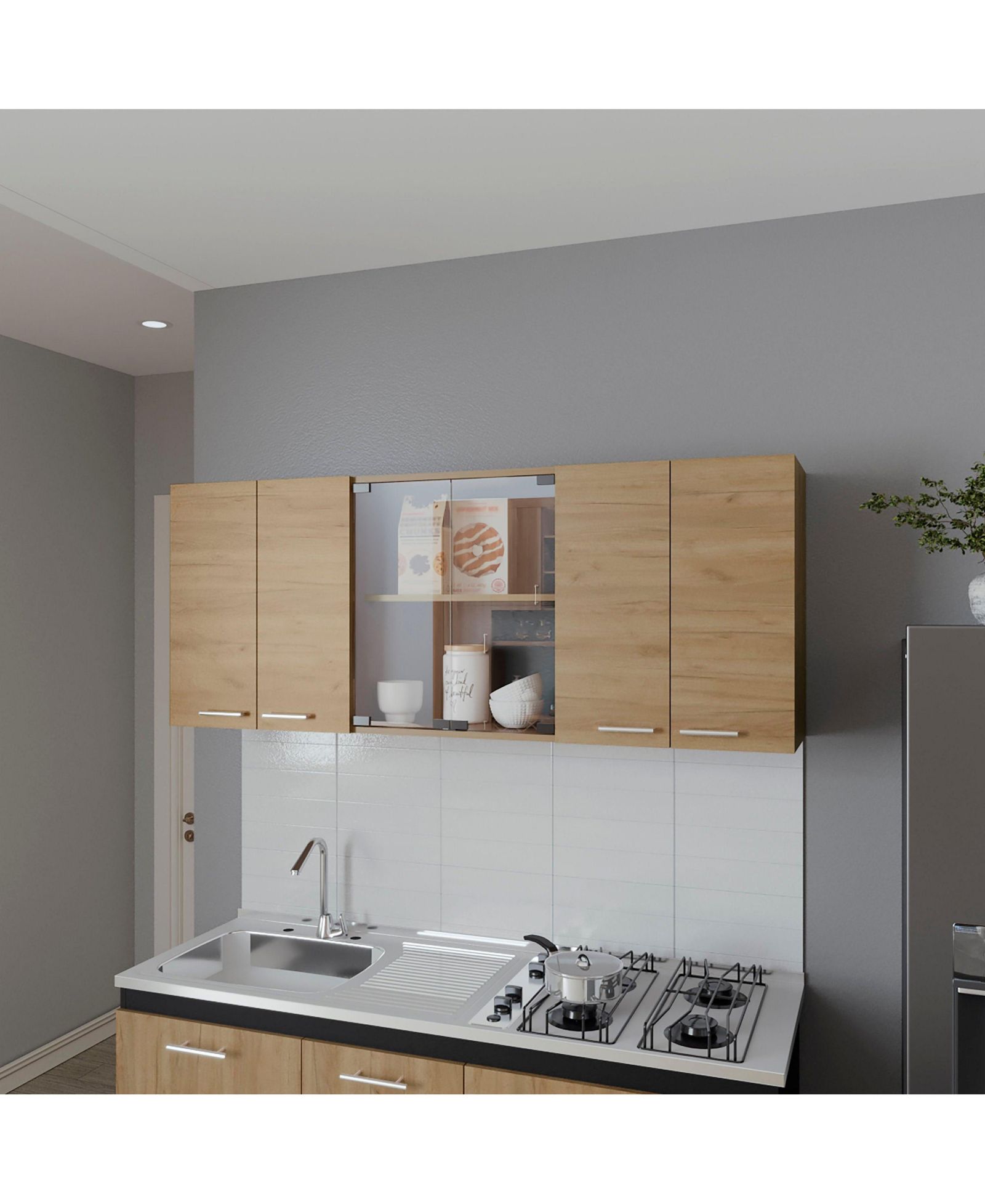 FM FURNITURE Lydia Wall Cabinet kitchen in Melamine wit 4 Doors  and Glass Storage, Natural Oak
