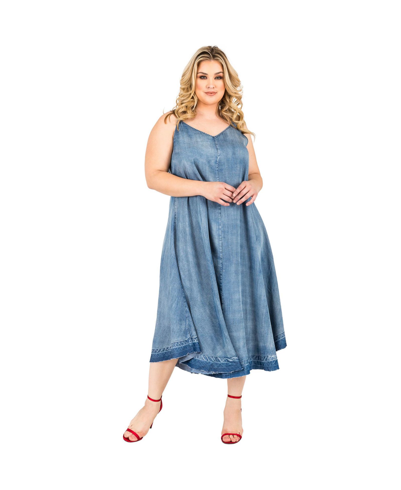 Standards & Practices Plus Size Denim Tencel Raw Hem Maxi Slip Dress