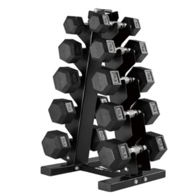 HolaHatha 10, 15, 25, 30 and 35 Lb Hexagonal Dumbbell Weight Set w/ Rack, Black