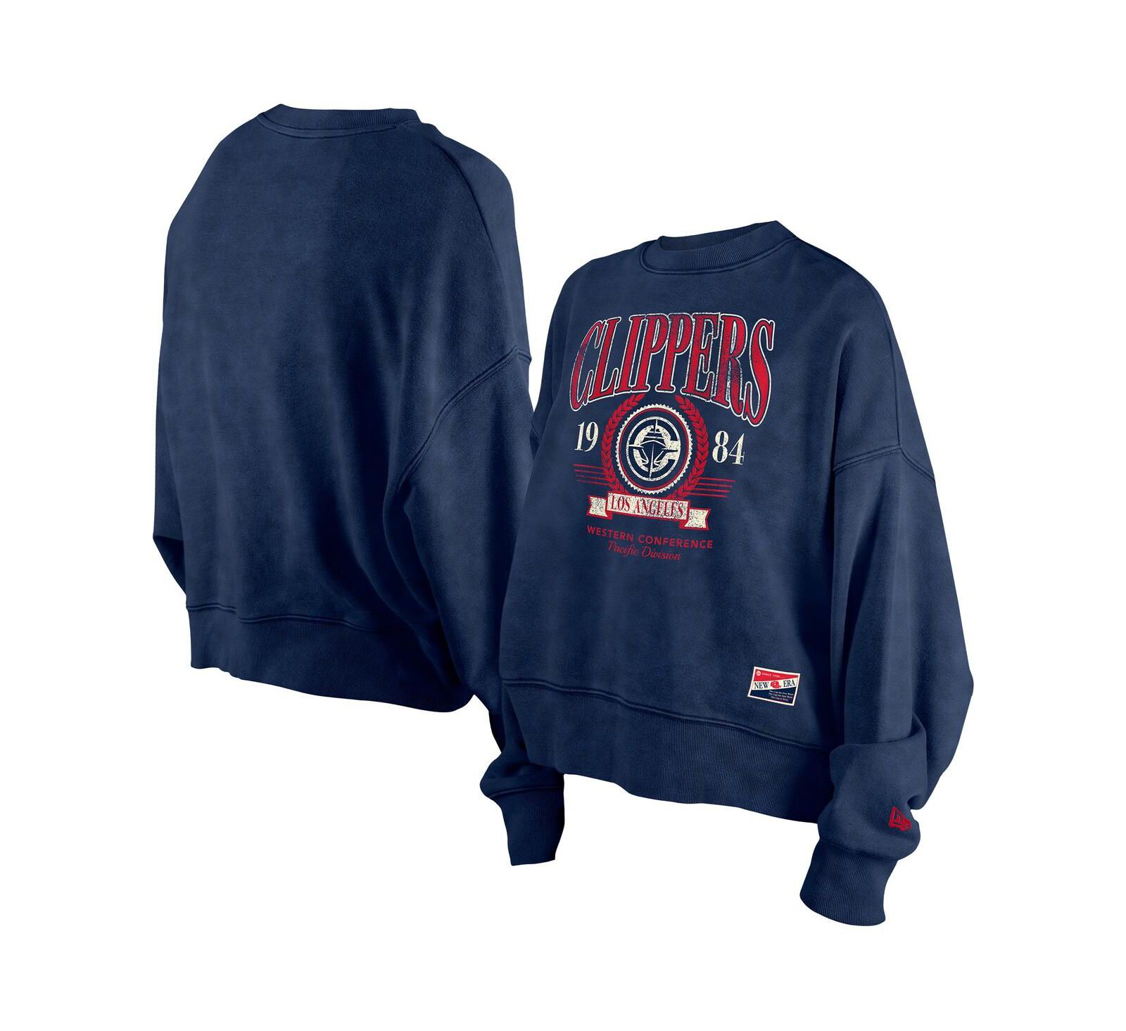 New Era Women's Navy LA Clippers Hardwood Classics Enzyme Wash Oversized Boxy Pullover Sweatshirt