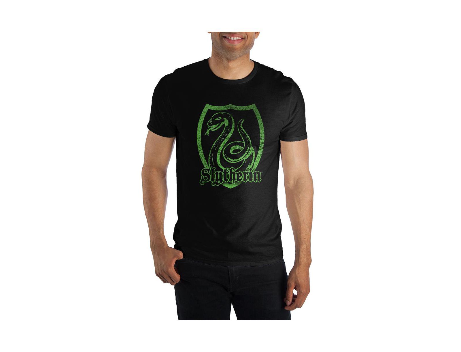 Harry Potter Men's Slytherin Logo Specialty Soft Hand Print Black Tee T-Shirt Shirt-3XLB