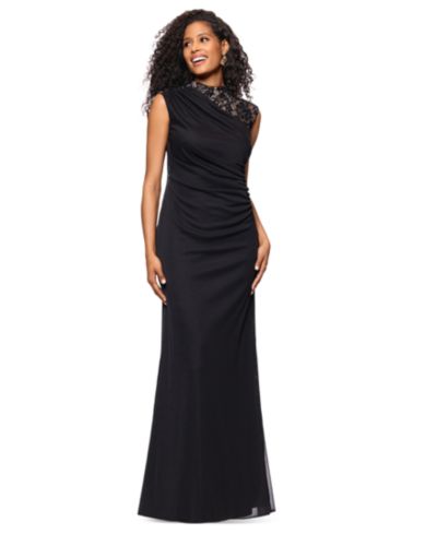 B&A By Betsy and Adam Petite Lace Trim Ruched Sleeveless Gown Dress