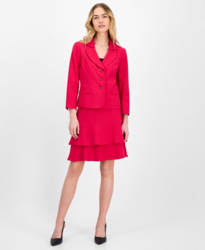 Le Suit Women's Tulip Collar Jacket & Tiered 2 Piece Skirt Suit, Regular & Petite