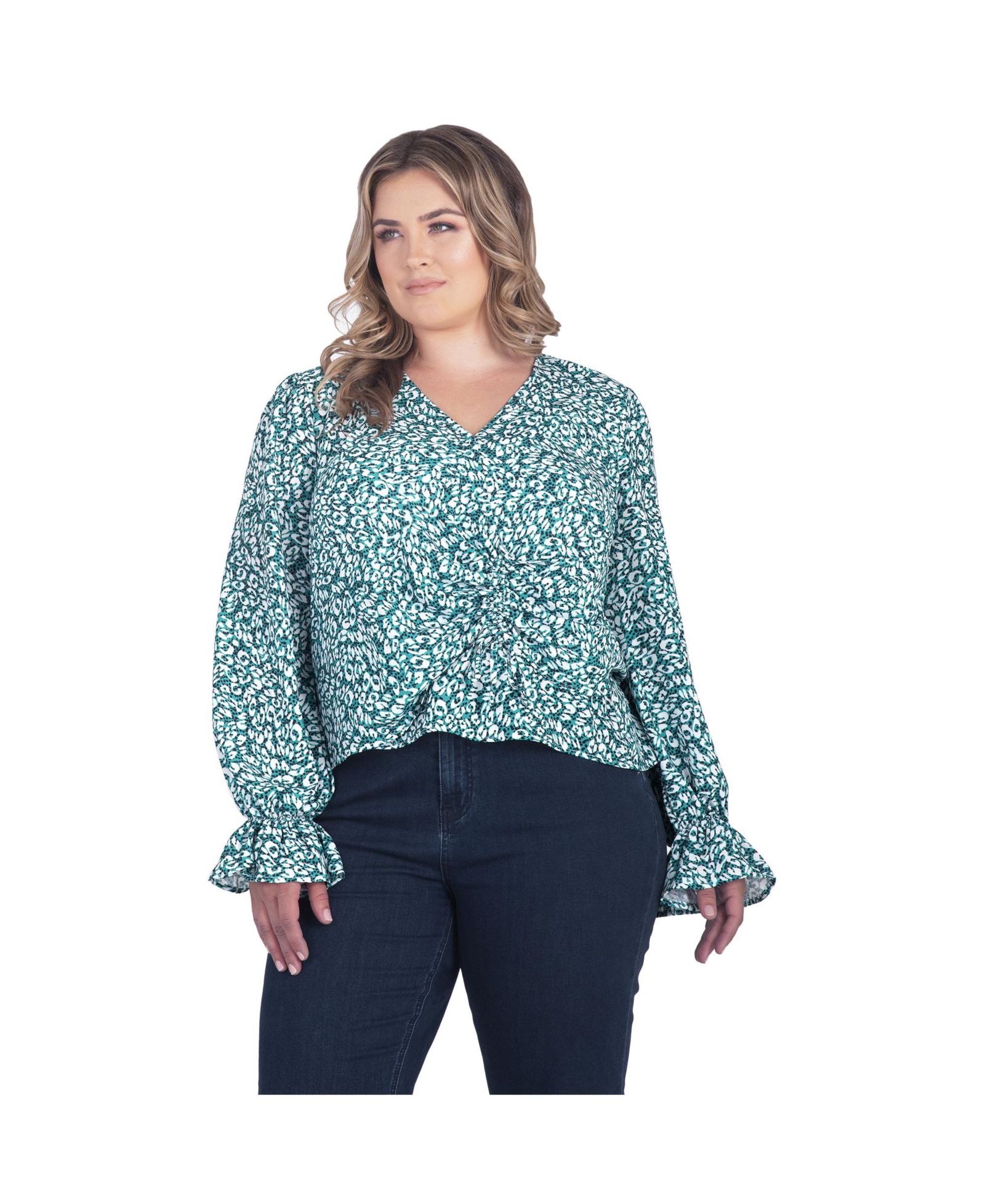Standards & Practices Plus Size Long Flute Sleeve V-Neck Blouse Tops