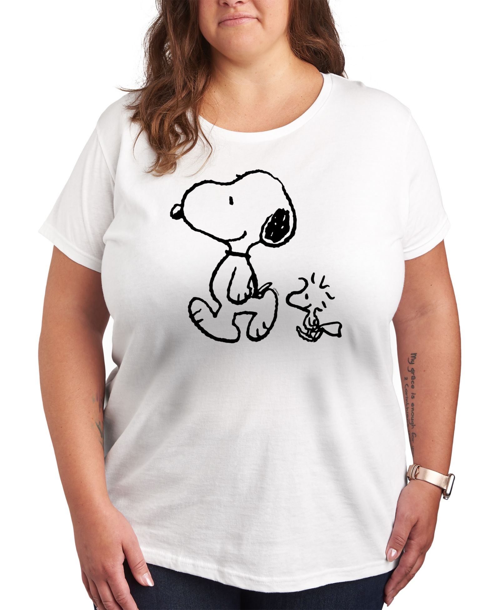 Женская футболка Hybrid Apparel Trendy Plus Size Peanuts Snoopy Woodstock Walk Graphic Crew Neck