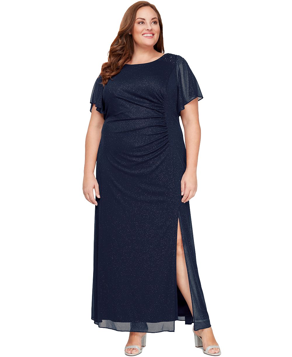 SL Fashions Женский Plus Size Flutter-Sleeve Side-Ruched Glitter Gown