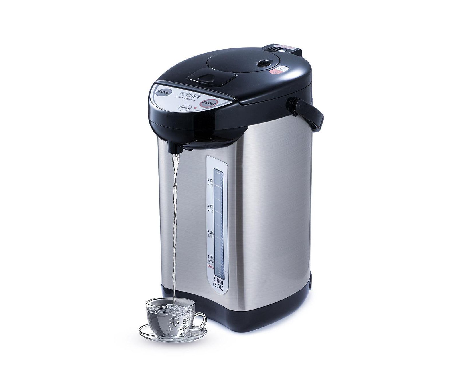 Электрический диспенсер для горячей воды Commercial Chef, 750W из нержавеющей стали, 5.8 Qt, 360-градусное основание, 3 режима подачи, CHHWD10B, Stainless/Black