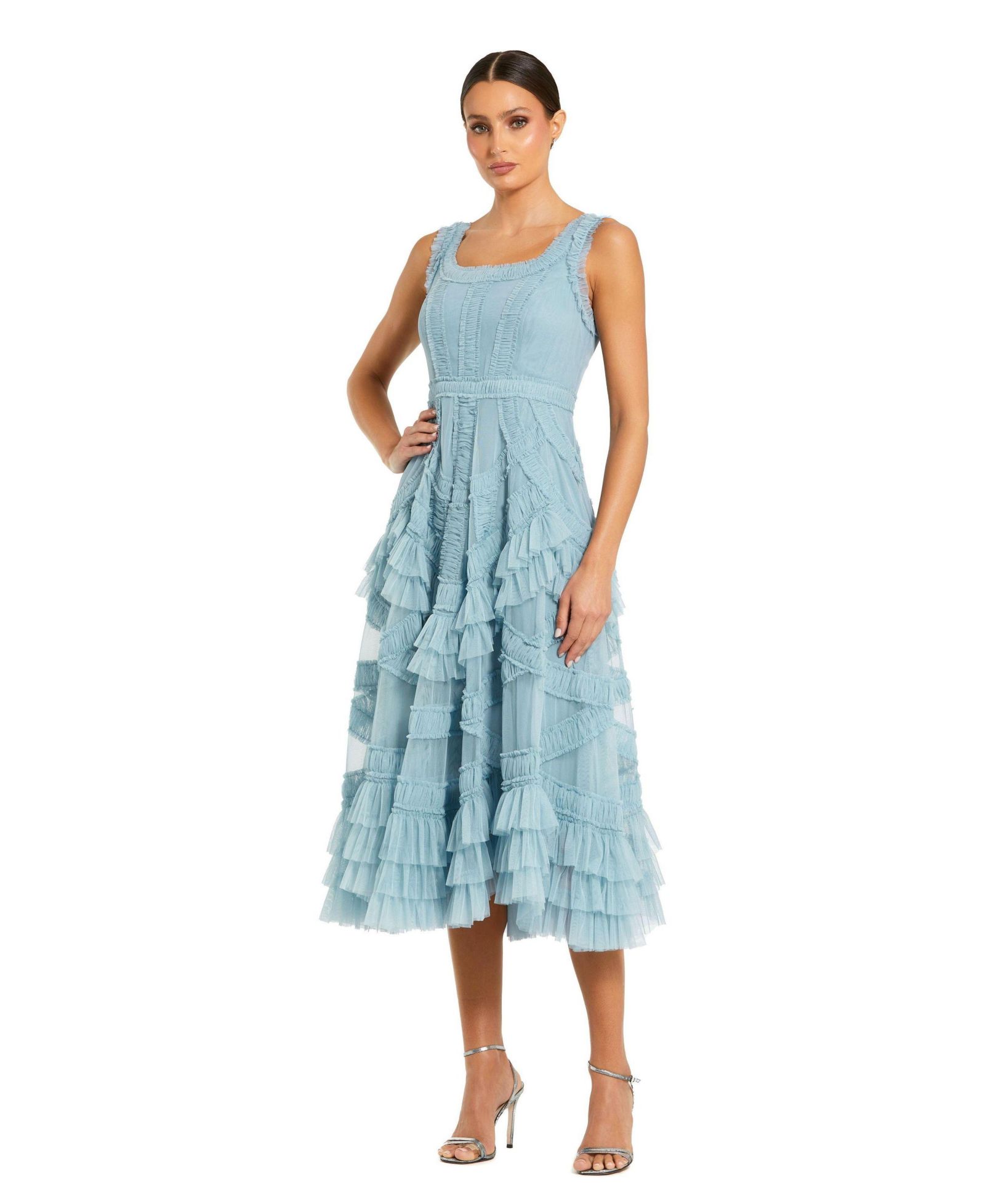 Женское платье Mac Duggal Scoop Neck Sleeveless Mesh Micro Ruffle Midi