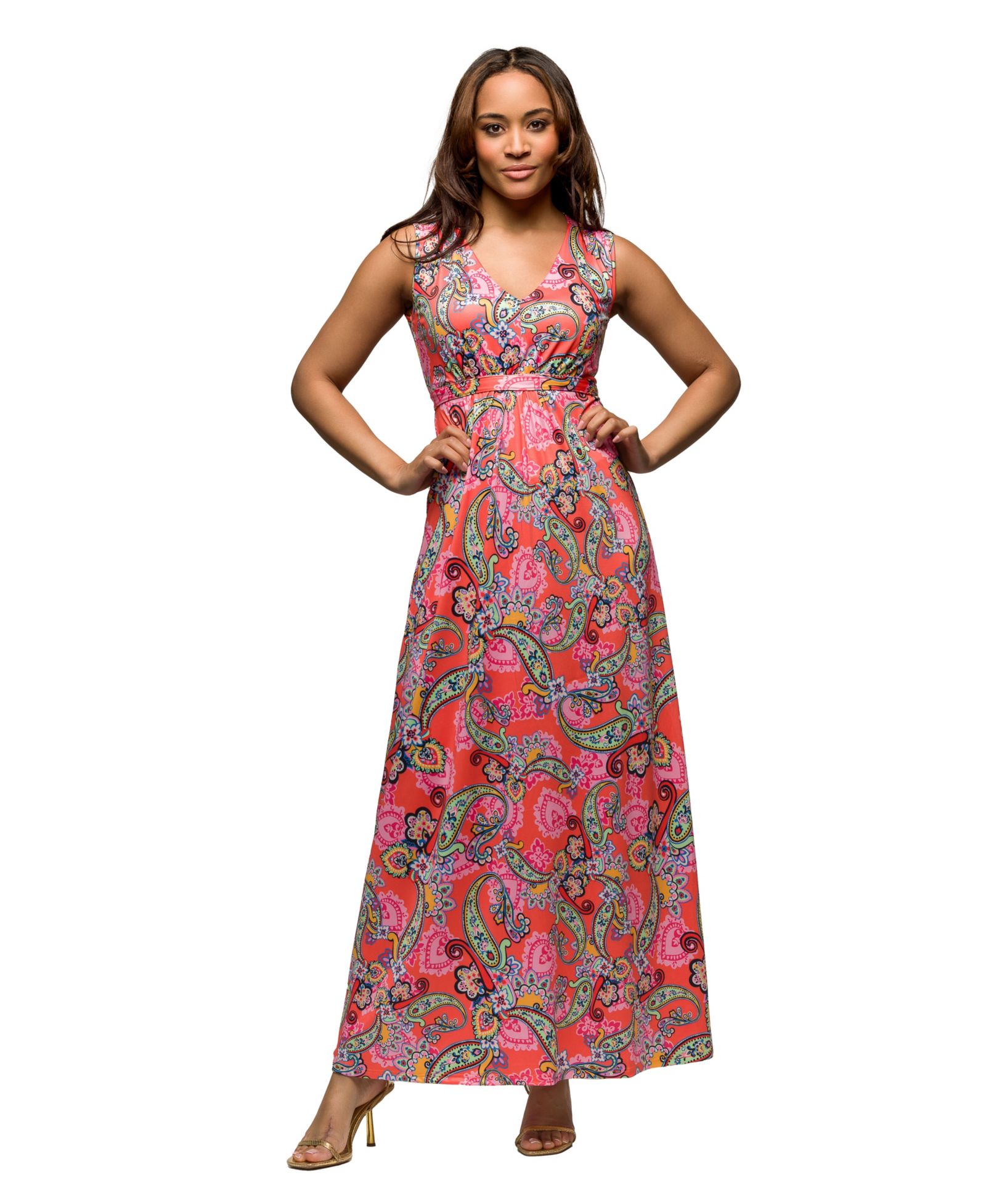 Женское платье макси 24seven Comfort Apparel Pink Paisley Print V Neck Empire Waist Sleeveless