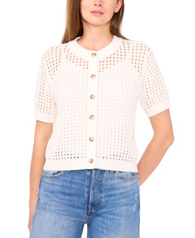 CeCe Women's Texture Mesh Short-Sleeve Cardigan