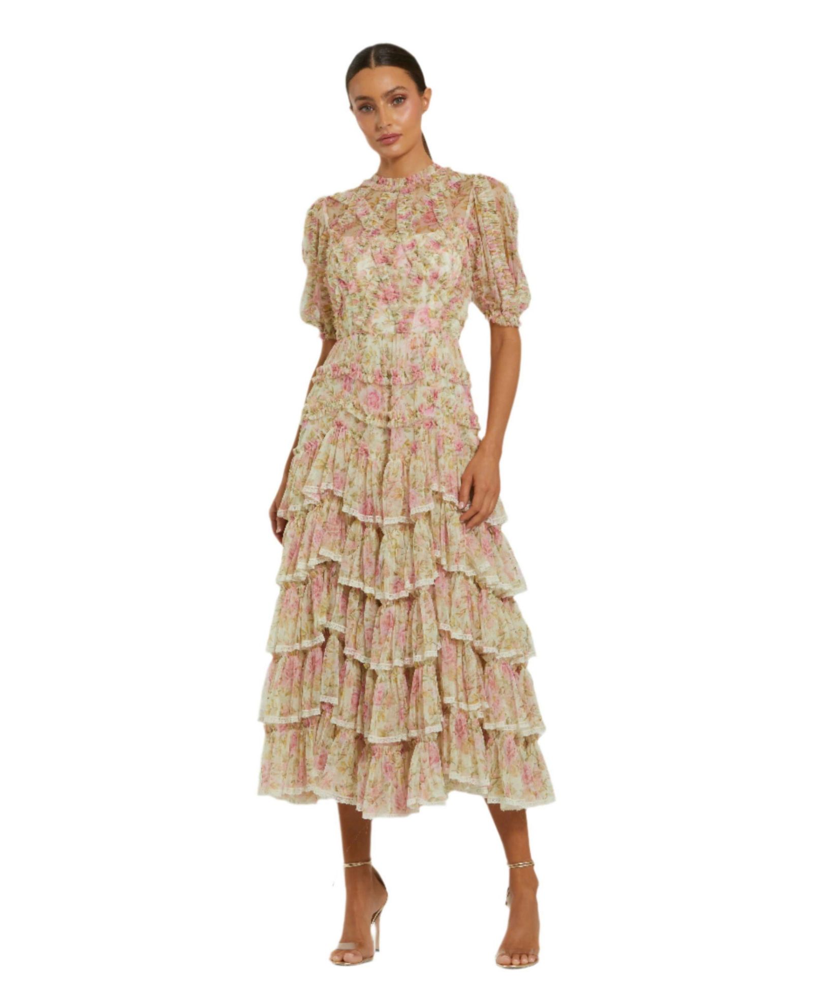 Женское миди-платье Mac Duggal Lace Trim Printed Mesh High Neck