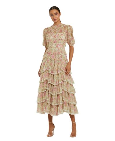 Женское миди-платье Mac Duggal Lace Trim Printed Mesh High Neck
