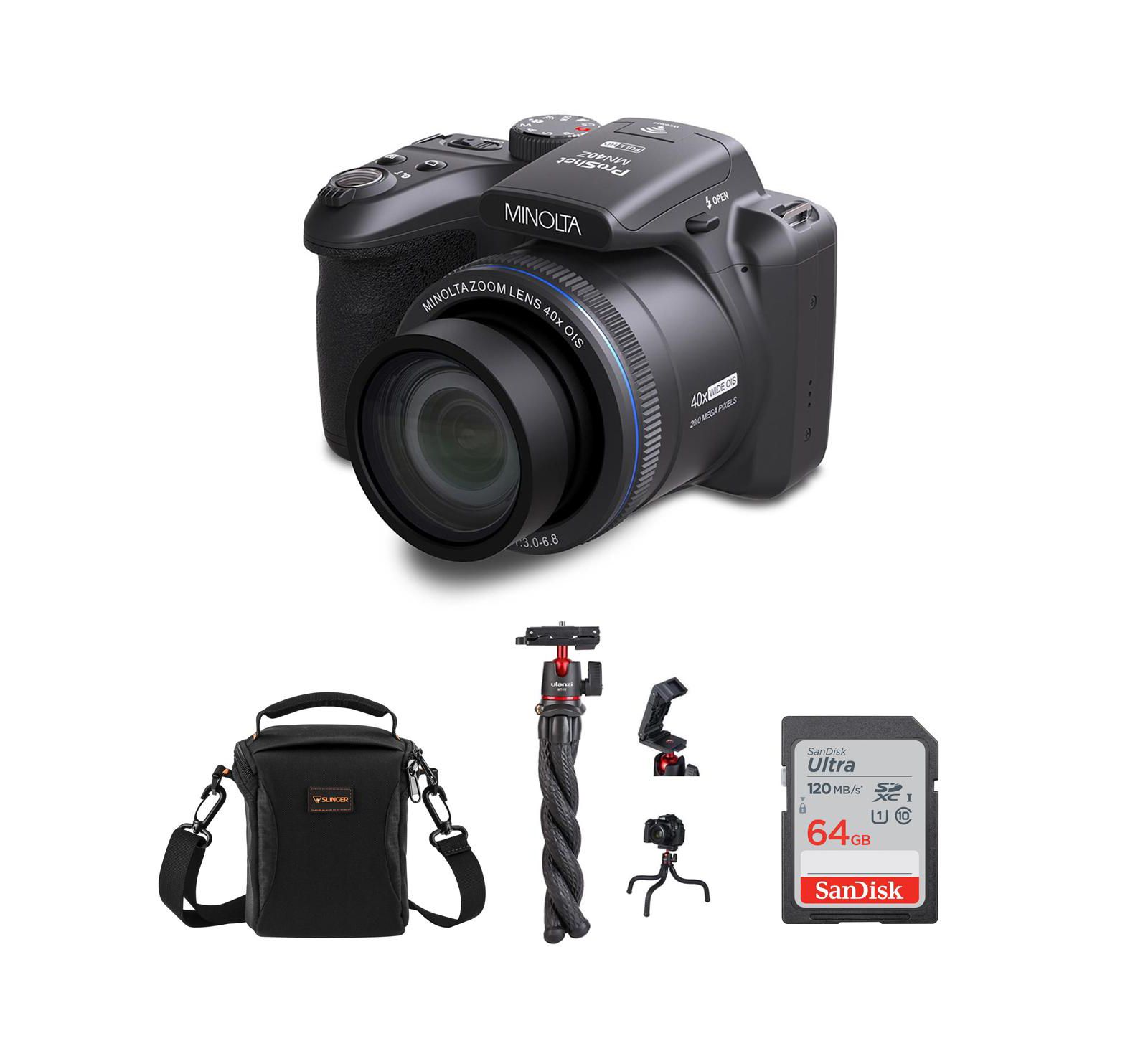 Minolta ProShot MN40Z 20MP Full HD Camera with 40x Optical Zoom, Bundle with MT-11 Multifunctional Octopus Tripod, 64GB SDXC Memory Card