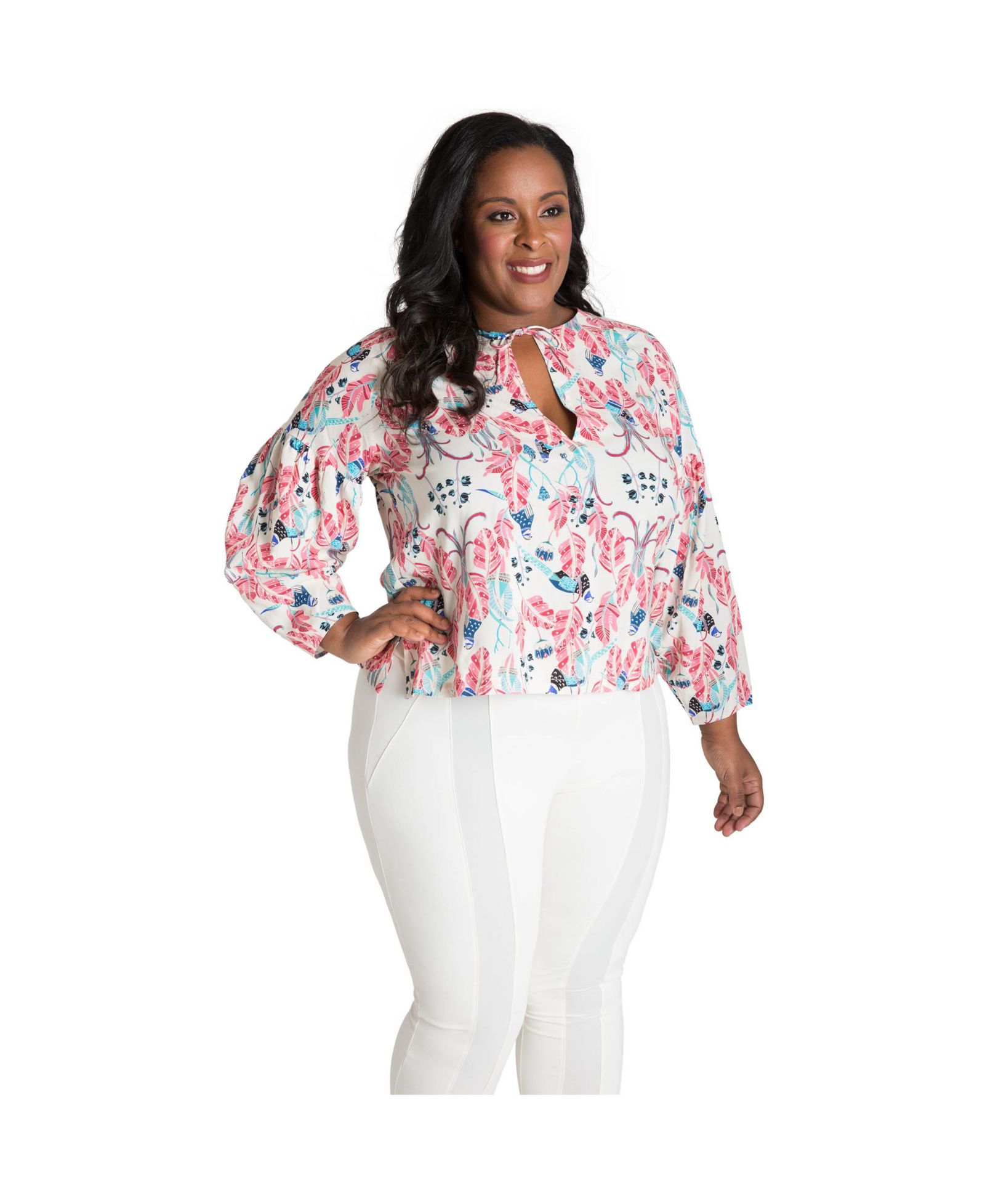 Poetic Justice Plus Size Puff Sleeve Tie-Neck Peacock Print Blouse