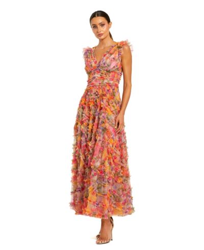 Женское платье Mac Duggal Floral Mesh Ruffle V Neck