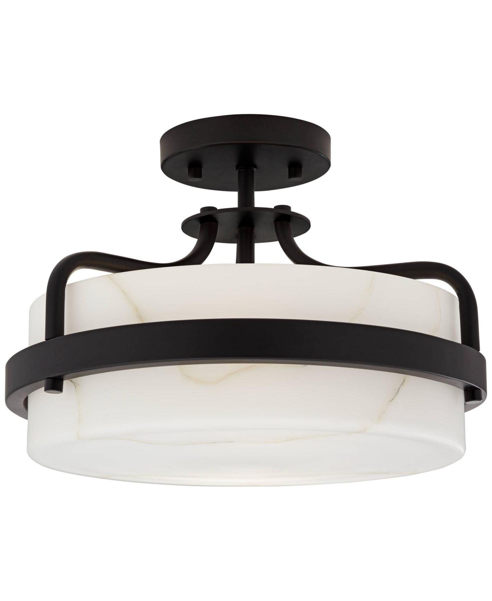 Possini Euro Design Bregman 13" Modern Semi Flush-Mount Ceiling Light Fixture Kitchen Foyer Drum Black Finish White Stone Glass