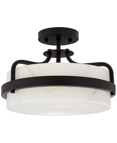 Possini Euro Design Bregman 13" Modern Semi Flush-Mount Ceiling Light Fixture Kitchen Foyer Drum Black Finish White Stone Glass