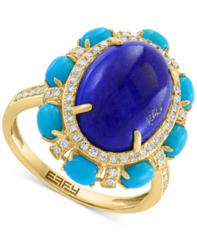 EFFY® Lapis Lazuli, Sleeping Beauty Turquoise & Diamond (7/8 ct. t.w.) Halo Rin in 14k Gold