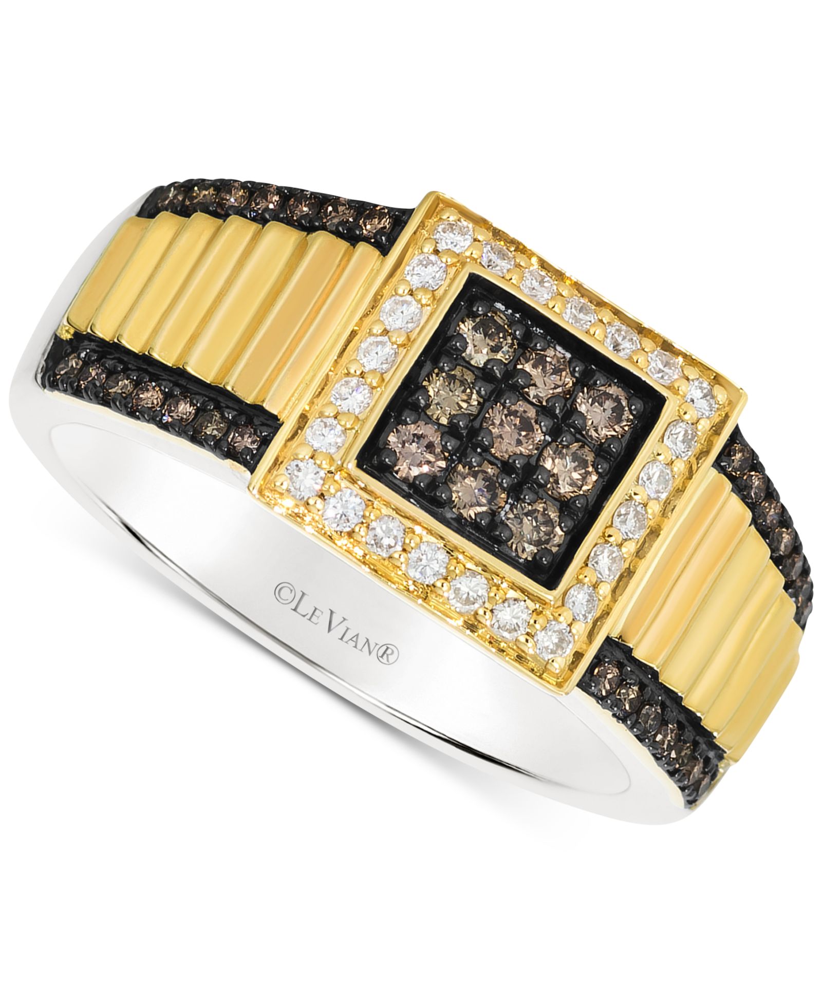 Le Vian Chocolatier® Men's Chocolate Diamond & Vanilla Diamond Square Cluster Ribbed Ring (1/2 ct. t.w.) in 14k Gold & Sterling Silver