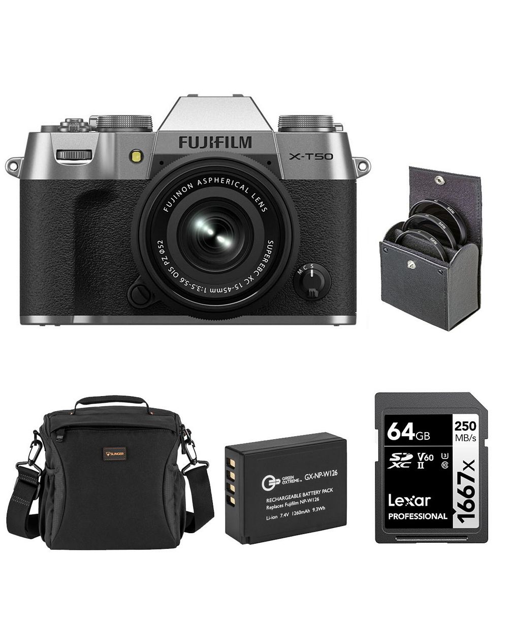 Fujifilm X-T50 Mirrorless Camera with XC 15-45mm f/3.5-5.6 OIS PZ Lens, Bundle with Li-Ion Battery, 64GB SDXC Memory Card and 52mm Filter Kit